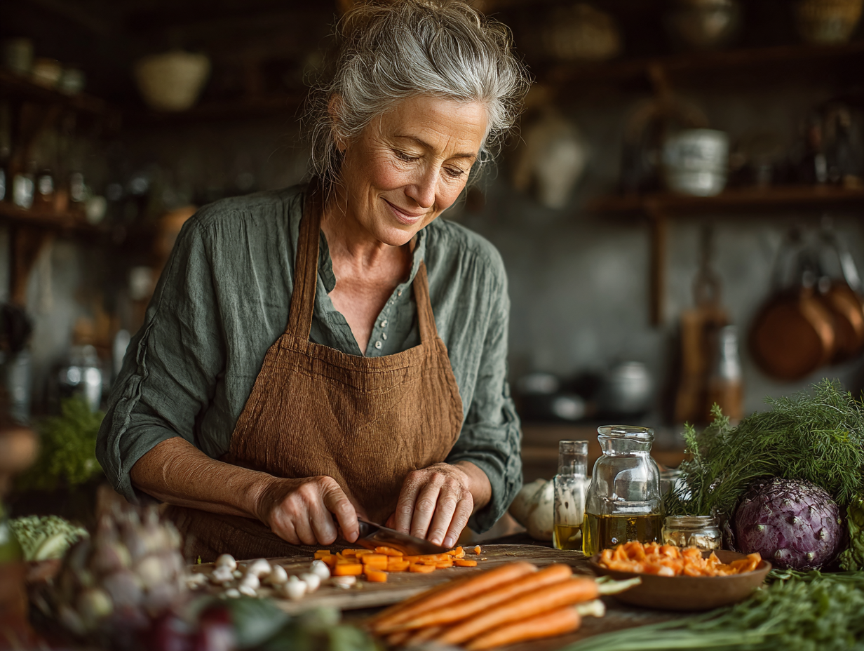 Старша жінка готує здорову їжу на кухні